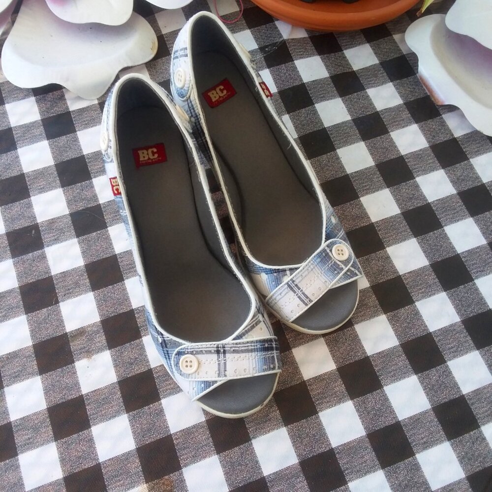 Womens BC footwear Blue Plaid Pep Toe Wedge Summer Shoes ECU 6.5